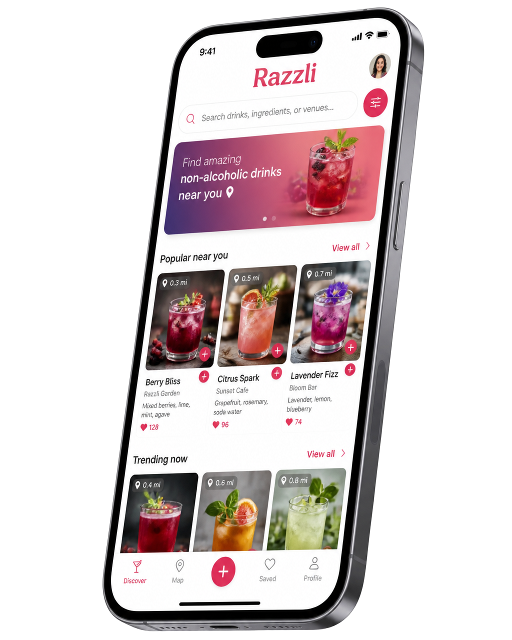 Razzli app shown on a smartphone displaying non-alcoholic drink discovery